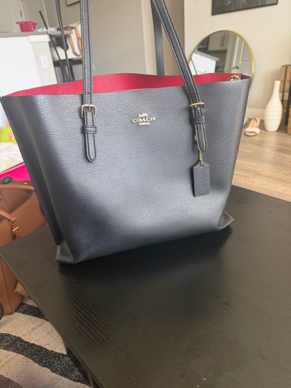 Coach Mollie Tote Bag in Black Leather with Red Interior
